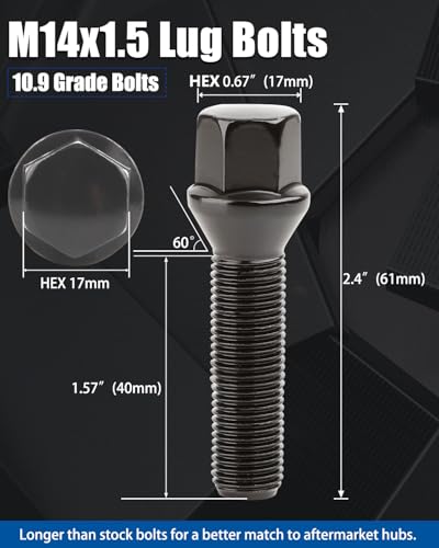 GAsupply 14x1.5 40mm Shank Lug Bolts, 17mm Hex, 20pcs Black Conical Seat - color: Black, size: 40mm Shank Acron Seat