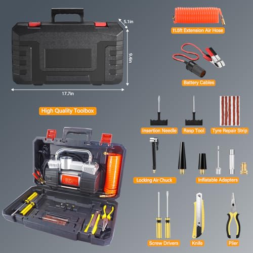 GSPSCN Heavy Duty Tire Inflator 12V Portable Toolbox Air Compressor Pump