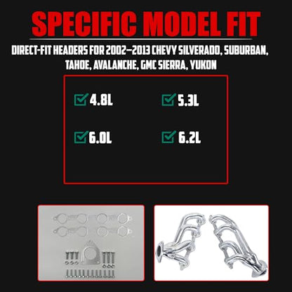Ceramic Coated Exhaust Headers 2002–2013 Chevy Silverado Sierra Tahoe Yukon Escalade Manifold Replacement 4.8L 5.3L 6.0L 6.2L LS Engines With Right Side Beveled Flange by Certified Automotive Experts - size: Ceramic Coated Exhaust Headers