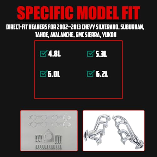 Ceramic Coated Exhaust Headers 2002–2013 Chevy Silverado Sierra Tahoe Yukon Escalade Manifold Replacement 4.8L 5.3L 6.0L 6.2L LS Engines With Right Side Beveled Flange by Certified Automotive Experts - size: Ceramic Coated Exhaust Headers
