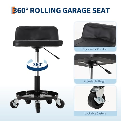Rolling Shop Stool w/ 3" Locking Swivel Wheels, 300LB Capacity, 18"-22" Height Adjustable with Soft Cushion & Tool Tray, Telescoping Mechanic Seat for Garage, Auto Repair, Heavy-Duty, Black - size: Black-1