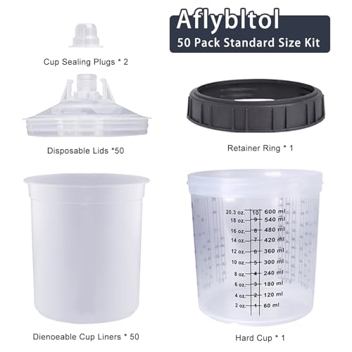 Disposable Paint Sprayer Mixing Cup for Automotive Paint Gun, HVLP Paint Spray Paint Gun 20 Ounce (600ml) Kit with 50 Cups and Lids System, 1 Hard Cup with Retainer Ring and 10 Plugs - size: 20 Ounce Kit