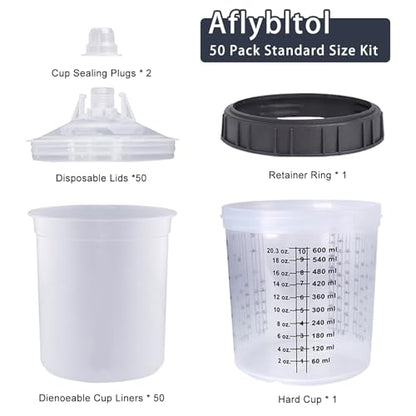 Disposable Paint Sprayer Mixing Cup for Automotive Paint Gun, HVLP Paint Spray Paint Gun 20 Ounce (600ml) Kit with 50 Cups and Lids System, 1 Hard Cup with Retainer Ring and 10 Plugs - size: 20 Ounce Kit