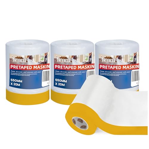 TAPEBEAR Pre-Taped Masking Film Plastic Sheeting Cover for Painting - size: 22" x 66Feet