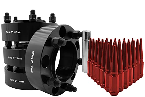 4 Pc 5x150 MM Hub Centric Wheel Spacers Adapters 5x150 MM | 2" Thick | 14x1.5 | +20 Pc 4.5" Tall Spike Red Lug Nuts + Key Works with 07-19 Toyota Tundra Sequioa Land Cruiser Lexus
