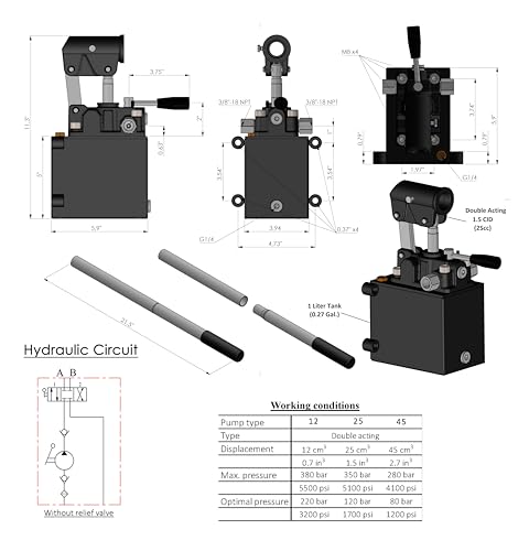 Spare Parts Holland - Double Acting Hydraulic Piston Hand Pump with Release Knob, Hand Operated Hydraulic Pump 3/8" NPTF Ports (1.5 CID 1 Qrt Tank (0.27 Gal) - style: 1.5 CID 1 Lt. tank (0.27 Gal)