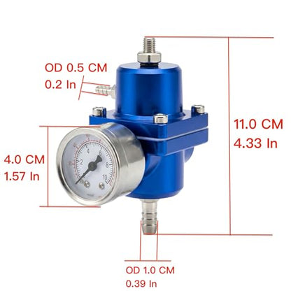 Universal Adjustable Fuel Pressure Regulator Kit 0-140 PSI Gauge Blue Aluminum FPR 11cm(4.33") Height for Gasoline Injection Performance (Silver) - color: Silver