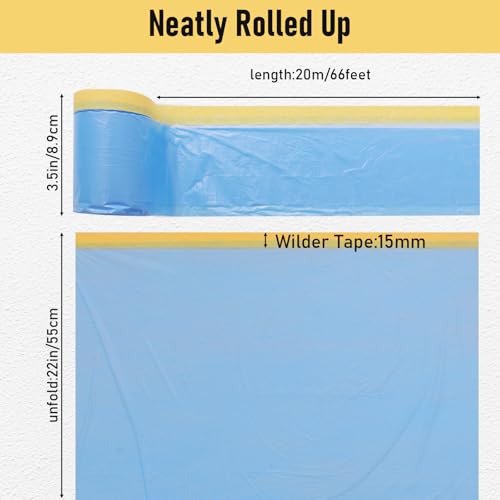 10 Rolls Pre-Taped Masking Film, 20" x 50', Static Cling HDPE Plastic