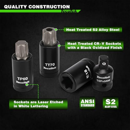 TecoTek 67-Piece Master Torx Bit Socket and External Torx Socket Set, 1/4", 3/8" and 1/2" Drive, S2 and Cr-V Steel, E4 - E24, T6 - T70, TT6 - TT70, TP8 - TP60, Includes 7PCS Socket Adapters