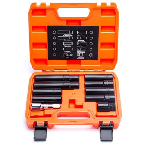 Dynofit Spline Lug Nuts Socket Set (10Pcs) with 1/2" Square Drive for Impact Wrench,for Spline & Hex Wheel Lock Removal,- Fits 5,6,7,10,12 Point Tuner Lug Nuts - color: Black, size: 10pcs Spline Socket Set