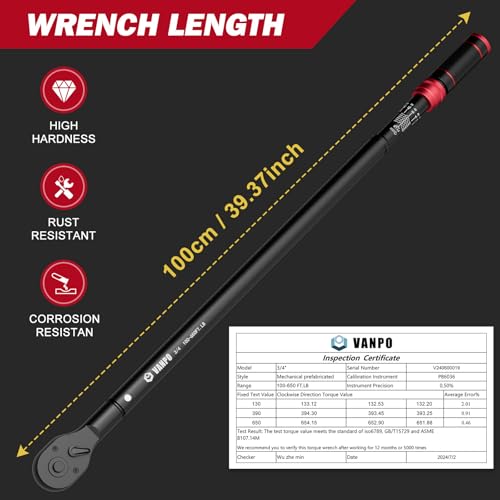 VANPO 3/4-Inch Drive Click Torque Wrench, 100-650Ft-Lb for Heavy Duty - size: 3/4-Inch (100-650 Ft-Lb / 135.5-880.8 Nm)