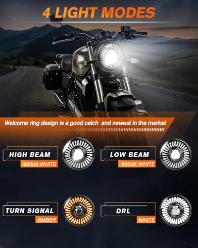 MGLLGHT 7 Inch LED Headlight Motorcycle High/Low Beam 1000% Bright DRL Amber Turn Signal, Projector Angel Eyes Compatible with Electra Glide Tour FLD Softail Street Glide Road King - color: Sun Design
