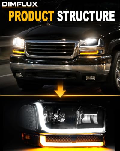 LED DRL Headlight, Headlights Assembly Kit Compatible with 1999-2007 GMC Sierra/1999-2006 Yukon Replacement Headlamp Black Housing Clear Reflector - color: Black Housing Clear Reflector