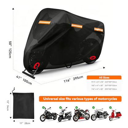 Motorcycle Cover, Waterproof PE Aluminum Film Material, Fits up to 116" - size: 116" x 41" x 50"