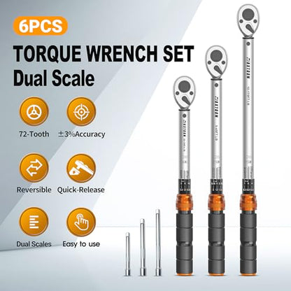 3-Piece Click Torque Wrench Set, 1/4, 3/8 and 1/2 Inch, 2.3-230 Nm | ±3% Accuracy, 20-240 in.lb, 5-45 ft.lb, 10-170 ft.lb, 72-Tooth Ratchets, Cr-V Steel, Extension Bars and Storage Case - size: 1/4" 3/8" 1/2" Drive, 6-Piece Kit