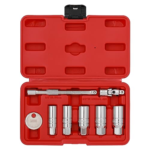 8-Piece 3/8 Inch Drive Spark Plug Socket Set with Spark Plug Gapper, Universal Joint and Extension Bar, SAE & Metric, 5/8-inch, 3/4-inch, 13/16-inch, 14mm, 18mm, CR-V Steel Sockets with Rubber - size: 8-Piece Spark Plug Socket Set with Accessory