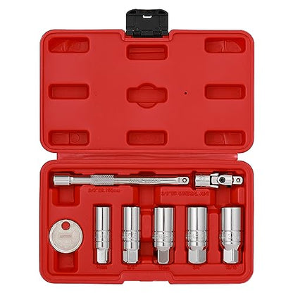 8-Piece 3/8 Inch Drive Spark Plug Socket Set with Spark Plug Gapper, Universal Joint and Extension Bar, SAE & Metric, 5/8-inch, 3/4-inch, 13/16-inch, 14mm, 18mm, CR-V Steel Sockets with Rubber - size: 8-Piece Spark Plug Socket Set with Accessory