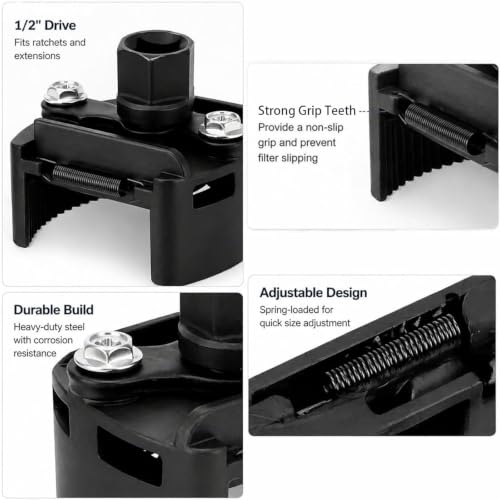 Universal Adjustable Oil Filter Wrench– 2-3/8 to 3-1/8 Inch (60-80mm) - 1/2'' Drive Cap Style Oil Filter Removal Tool, Fits Small to Medium Spin-on Filters, UTVs, Jet