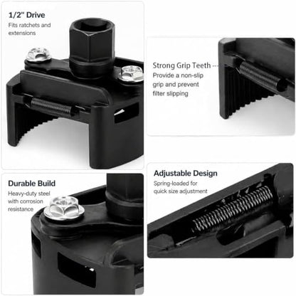 Universal Adjustable Oil Filter Wrench– 2-3/8 to 3-1/8 Inch (60-80mm) - 1/2'' Drive Cap Style Oil Filter Removal Tool, Fits Small to Medium Spin-on Filters, UTVs, Jet