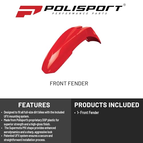 Polisport Supermoto (SM) Motocross (MX) Motard UFX Front Fender - Universal Fit for all Full Size Dirt Bikes w/UFX Mounting System - Red