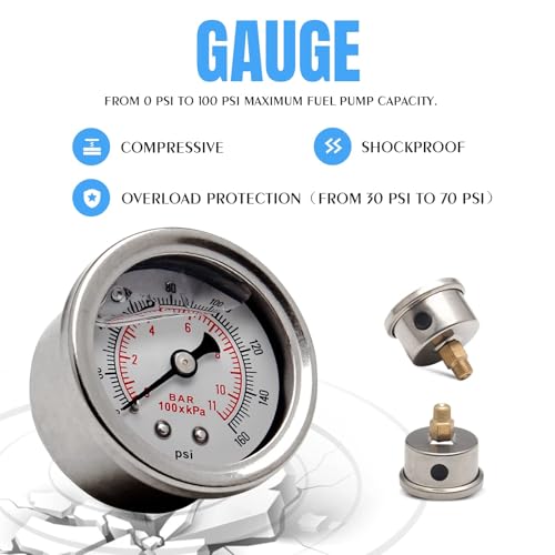 EFI Fuel Pressure Regulator Kit 0-100psi with Gauge 6AN Fuel Line Fitting Universal Adjustable Aluminum (Blue+Red) - color: Blue&Red
