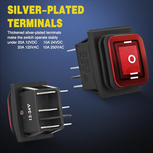 Nilight 2 Pack 6Pin DPDT On Off On Rocker Switch Latching Red LED Toggle - color: On Off On 2 PCS