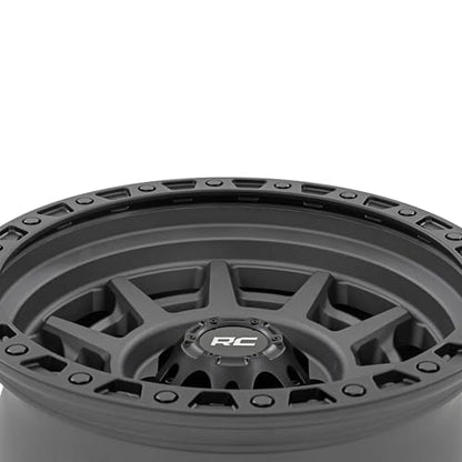 Rough Country 85 Series One-Piece Aluminum Wheel with Simulated Beadlock - 17x9, 6x5.5" Bolt Pattern, 18mm Offset, Gunmetal Gray/Black