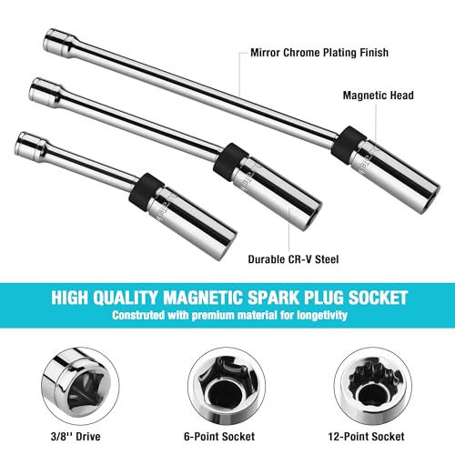 DURATECH 5PCS Swivel Magnetic Spark Plug Socket Set, 3/8" Drive spark plugs - size: 5PC (5/8", 9/16", 0.551")