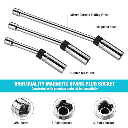 DURATECH 5PCS Swivel Magnetic Spark Plug Socket Set, 3/8" Drive spark plugs - size: 5PC (5/8", 9/16", 0.551")