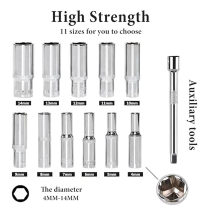 Egofine 13PCS 1/4" Drive Deep Socket Set,Metric(4-14MM),6-Point, Cr-V Steel - color: 13pc Deep Socket Set, size: 1/4