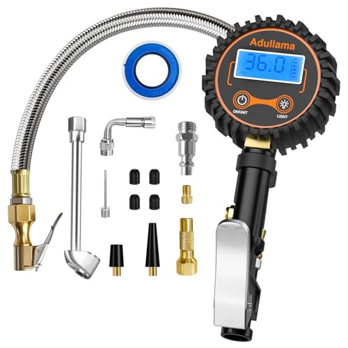 Digital Tire Pressure Gauge with Inflator, 250 PSI Heavy Duty Air Chuck Air Compressor Attachments, Improved Leaks Protection & Stainless Braided Hose Tire Gauge, 0.1 Display Resolution - color: Standard