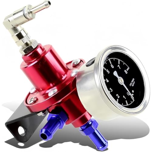1Pc Universal Adjustable Fuel Pressure Regulator with 1Pc Oil Filled Gauge & 4 Fitting Connectors for Most Cars and Trucks(Red)