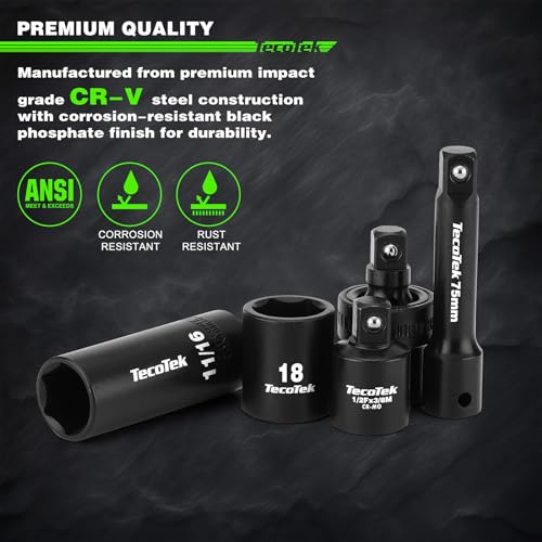 TecoTek 3/8" Drive Impact Socket Set, 49-Piece SAE (5/16"-3/4") and Metric (8mm-22mm), 6 Point, Cr-V, Extension Bars, 1/2" F to 3/8" M Reducer, Universal Joint and Power Drill Adapter - style: 3/8" Drive 49pcs Impact Socket Set