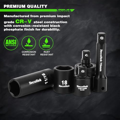 TecoTek 3/8" Drive Impact Socket Set, 49-Piece SAE (5/16"-3/4") and Metric (8mm-22mm), 6 Point, Cr-V, Extension Bars, 1/2" F to 3/8" M Reducer, Universal Joint and Power Drill Adapter - style: 3/8" Drive 49pcs Impact Socket Set