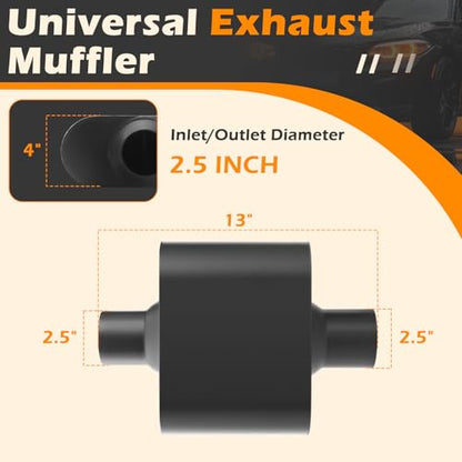 A-KARCK Single Chamber Muffler 2.5" Center Inlet 2.5" Dual Outlet, 13" Overall Length Aluminized Steel Aggressive Sound Race Muffler - color: Black, size: 2.5 Inch