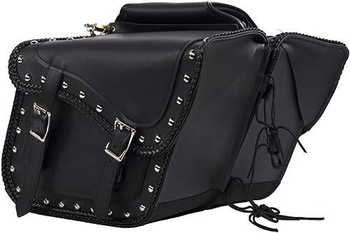 Motorcycle Genuine Leather Waterproof Saddlebag Luggage with Gun Holster inside Brown & Blk Stud/Non Stud (Black, Studed Leather) - color: Black, style: Studed Leather