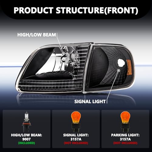 Aosky Halogen Headlights Assembly for 1997-03 Ford F150 Expedition - color: Black / Amber, style: w/ Bulbs