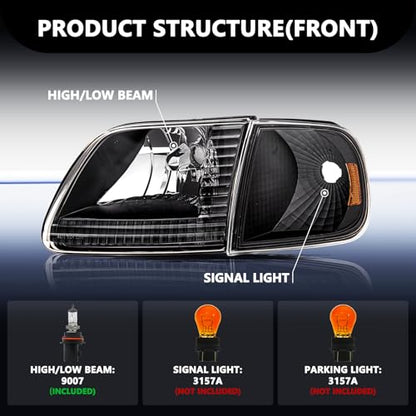 Aosky Halogen Headlights Assembly for 1997-03 Ford F150 Expedition - color: Black / Amber, style: w/ Bulbs