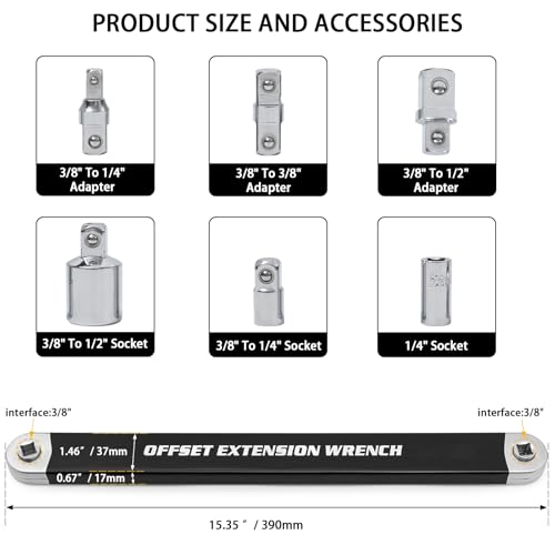 Offset Extension Wrench, Ratchet Extension Bar with 1/2", 1/4" and 3/8" Square Drive Adapters, Impact Wrench Extender for Access to Confined Fastener, Ratchet Extenders Tool with 3 Adapters Socket - color: Black