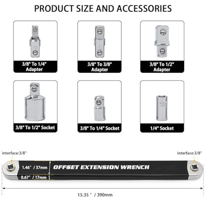 Offset Extension Wrench, Ratchet Extension Bar with 1/2", 1/4" and 3/8" Square Drive Adapters, Impact Wrench Extender for Access to Confined Fastener, Ratchet Extenders Tool with 3 Adapters Socket - color: Black