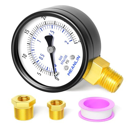 MEANLIN MEASURE 0-30Psi 2" DIAL FACE 1/4" NPT Well Pump Pressure Gauge, with 1/2" NPT and 3/8" NPT Hex Bushing, 3-2-3% Accuracy, Lower Mount - color: 1/4"NPT Lower Mount, size: 0-30Psi