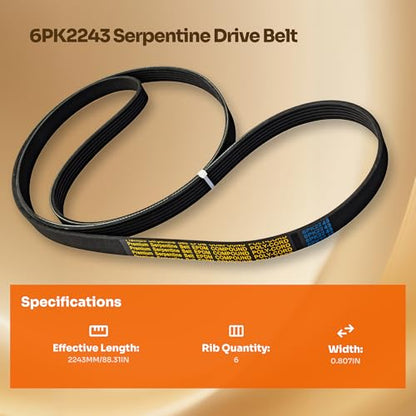6PK2243 Serpentine Drive Belt for Chevy, Dodge, Ford, Toyota, Jeep - size: 6PK2243-2243mm