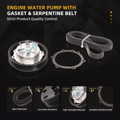 Engine Water Pump with Gasket + V-Ribbed Serpentine Belt