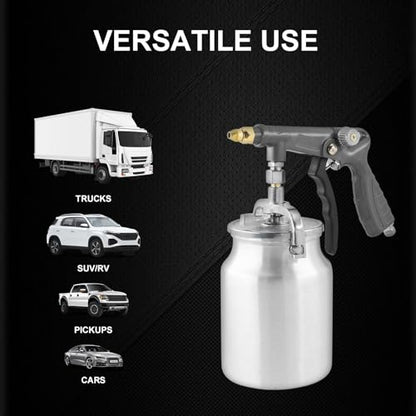 Air Undercoating Spray Gun with Suction Feed Cup & Gauge, 2 Extension Wands 360°Straight Spray Hoses, Fluid Film Spray Gun for Truck Bed Liner Spray Coating, Rubberized Undercoat, Rust Proofing