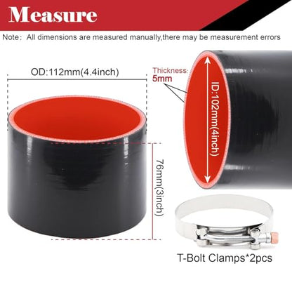Silicone Straight Hose 4 inch(102mm) Coupler, Rubber 4-ply Reinforced 3 inch Length Pipe 4×3 Air Intake Exhaust Hose Turbo Intercooler Coolant Radiator Tubing with Stainless Steel T-Bolt Clamps - size: 4 Inch