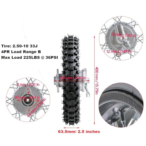 10" Rear Wheel Rim Tire Assembly 12mm Bearing 50cc 70cc 90cc 110cc Dirt Pit Pro Trail Bike CRF50 DRZ70 PW50 BBR50 TTR50 DRZ50 SSR 2.50-10 1.4x10 Rear Drum Brake (Tire: 2.50-10 with Drum Brake) - size: Tire: 2.50-10 with Drum Brake