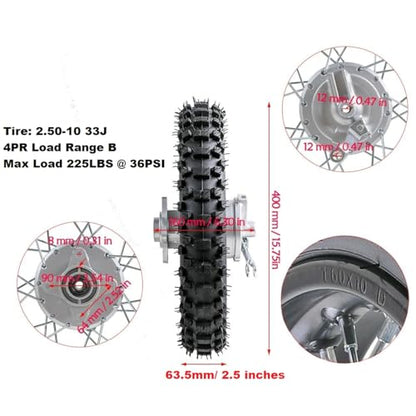 10" Rear Wheel Rim Tire Assembly 12mm Bearing 50cc 70cc 90cc 110cc Dirt Pit Pro Trail Bike CRF50 DRZ70 PW50 BBR50 TTR50 DRZ50 SSR 2.50-10 1.4x10 Rear Drum Brake (Tire: 2.50-10 with Drum Brake) - size: Tire: 2.50-10 with Drum Brake