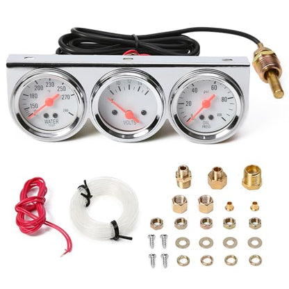 2" 52mm Triple Gauge Set Kit, Oil Pressure, Water Temperature & Voltmeter, 0-100 PSI / 100-280°F / 8-16V, Universal for Most 12V Vehicles - style: Oil Press.+Volt+Water Temp.