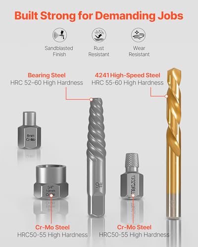 VEVOR Screw Extractor Set with Drill Bits, 54 Pieces, Easy Out Nut Bolt Extractors and Drill Bits, with Adapters, Solid Storage Case, Cr-Mo Steel for Removing Rounded, Broken, or Stripped Fasteners - size: 54 PCS