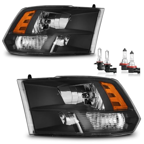 Headlights for 2009-2018 Dodge Ram 1500 Quad-Hole Single Headlight - color: Black - With H/L Beam Bulbs